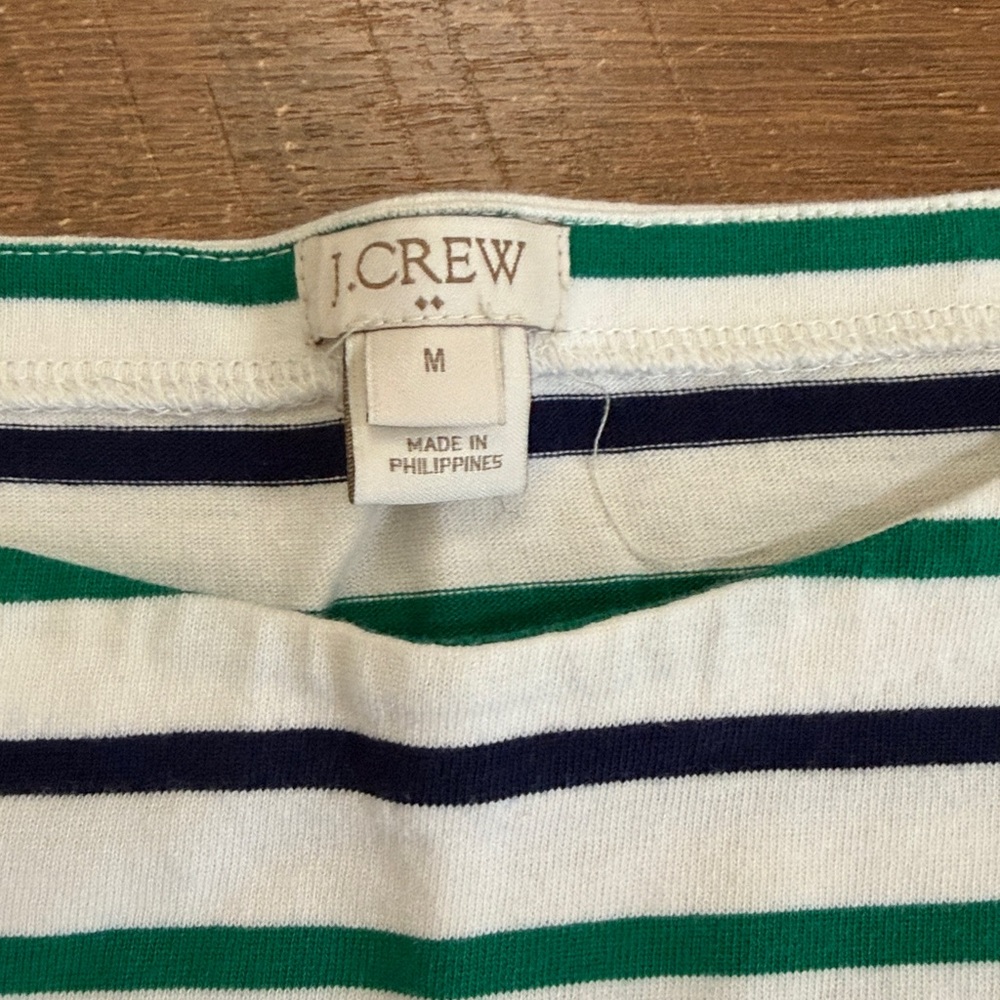 J. Crew Boat Neck White Top with Green & Black Stripes - Long Sleeve - Picture 2 of 6